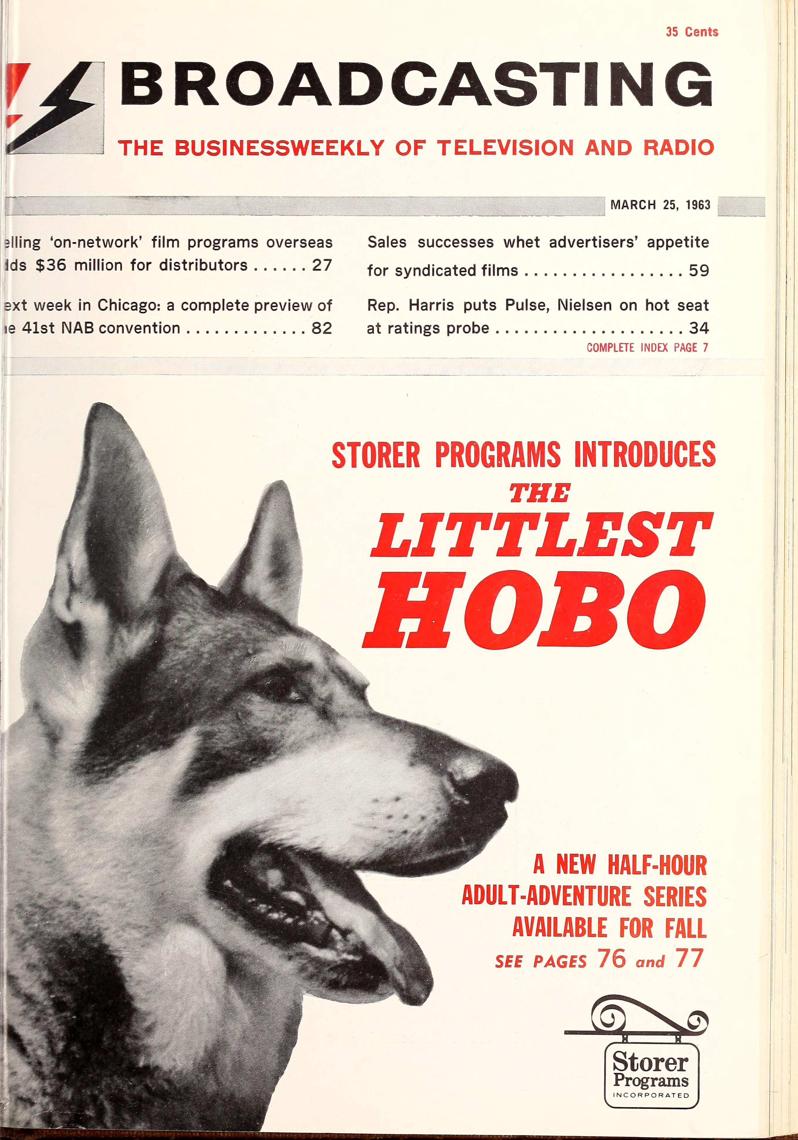 Full Broadcasting cover dated 25 March 1963, with Storer Programs introducing The Littlest Hobo beside a photograph of a German Shepherd