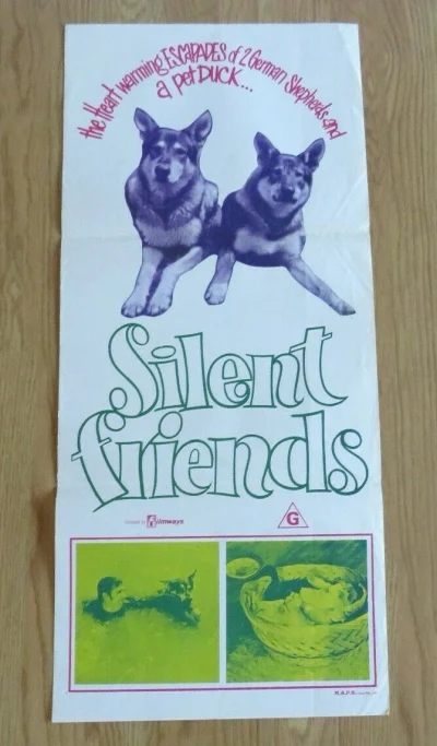 Complete Australian Silent Friends daybill, showing two dogs, a green outlined title, two smaller scene panels, the Filmways logo and printer’s mark.