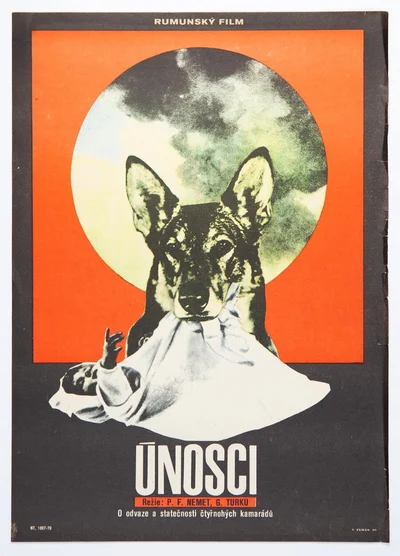 Complete orange and black Únosci poster, with a large dog’s head, a circular sky and an infant’s basket; the V. Zeman 70 signature is visible.