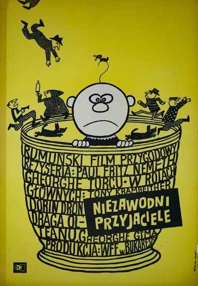 Yellow and black Niezawodni przyjaciele poster by Bohdan Butenko: a child surrounded by small dogs and comic figures, with credits integrated into the drawing and the artist’s signature preserved.